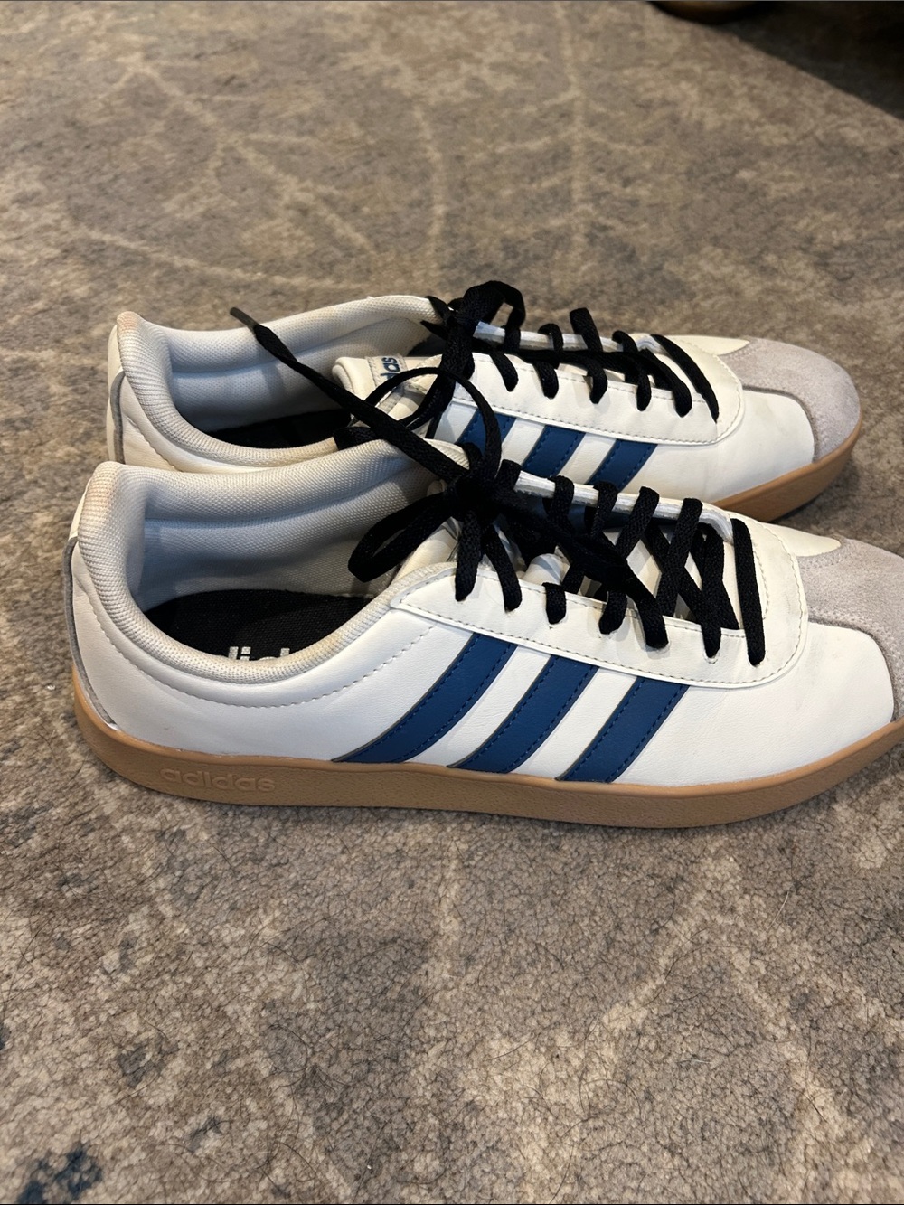 adidas White Sneakers with Blue Stripes and Gum Sole
